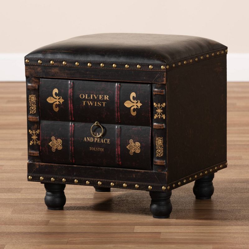 Charlier Faux Leather Wood Storage Ottoman with Book Spine Drawer Brown - Baxton Studio, 5 of 12