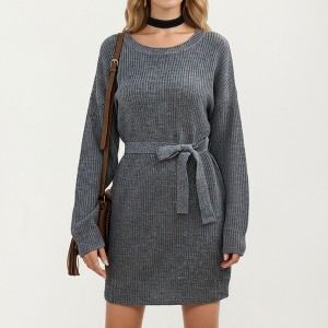 Anna-Kaci Women's Long Sleeve Knit Sweater Dress with Waist Tie Belt and Ribbed Texture - 1 of 4