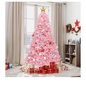 6ft/7.5ft Pre-Lit Pink Artificial Christmas Tree Pink Hinged Christmas Tree With 947/1350 PVC Tips And Warm-White Lights For Home, Office Decoration - 1 of 4