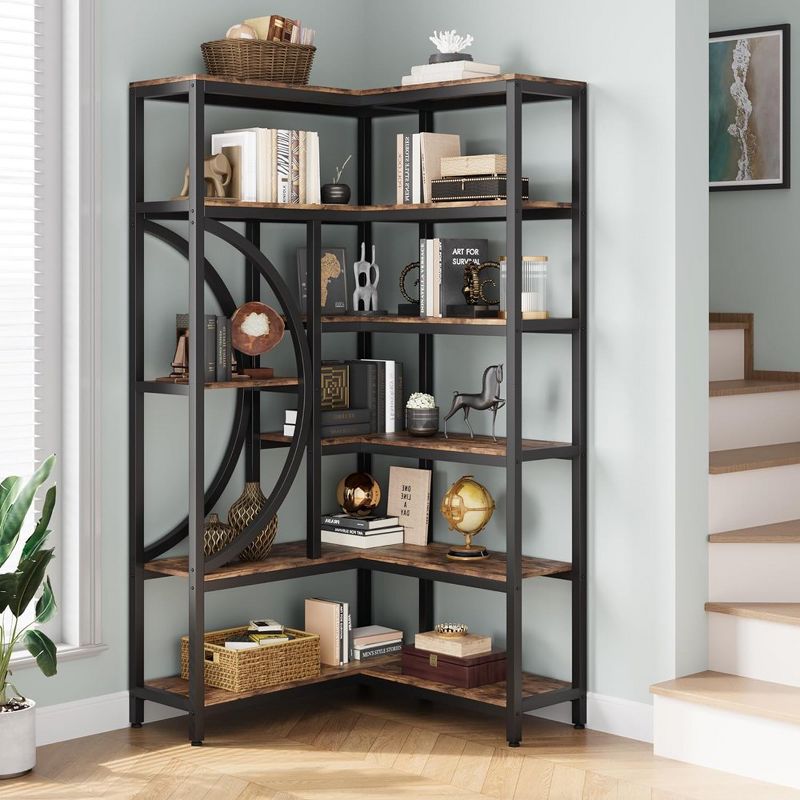 Wooden Modern Bookshelf, Industrial Corner Bookcase, 6 Tiers L Shaped Bookshelf, Storage Rack, for Living Room Bedroom Office, Brown, 4 of 9