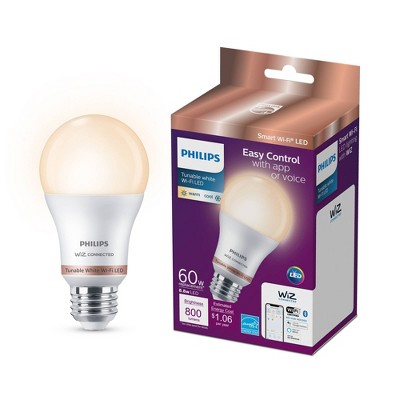 Philips Smart 60W Tunable White A19 1P: LED Light Bulb, Dimmable, App Controlled, 800 Lumens, Energy Star Certified