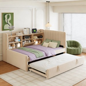 Luxystar Twin Size Upholstered Daybed with Trundle, Flip-Top Storage, Shelves and Charging Station - 1 of 4