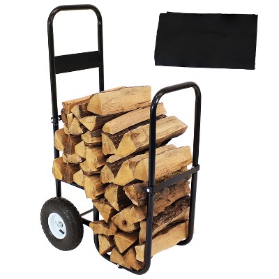 Sunnydaze Outdoor Firewood Log Rack Cart Carrier with Heavy-Duty Weather-Resistant Polyester Cover - Black