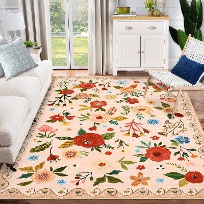 Garvee Floral Area Rug -Machine Washable Large Rugs, Non Slip Vintage Low Pile Soft Carpet, for Bedroom, Dining Room