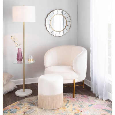 LumiSource Chloe Contemporary Shelf Floor Lamp with Marble Base Shelf and Linen Shade White (Includes LED Light Bulb) : Gold Neck, Round Glass Table