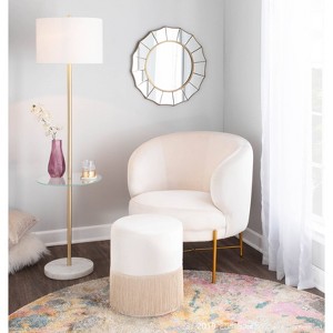 LumiSource Chloe Contemporary Shelf Floor Lamp with Marble Base Shelf and Linen Shade White (Includes LED Light Bulb) : Gold Neck, Round Glass Table - 1 of 4