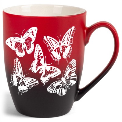 Elanze Designs Butterflies Two Toned Ombre Matte Red and Black 12 ounce Ceramic Stoneware Coffee Cup Mug