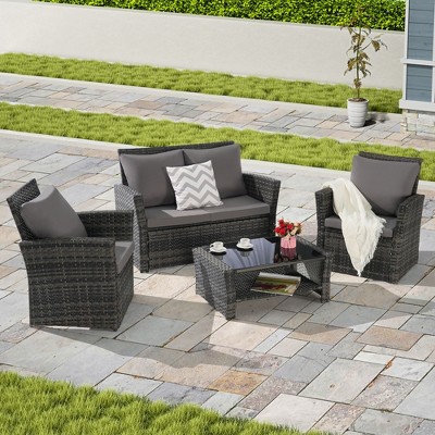 Sapphtopaz Patio Furniture Set Rattan Lounge Outdoor Conversation Chairs with Rectangular Glass Table for Patio, Backyard, Terrace