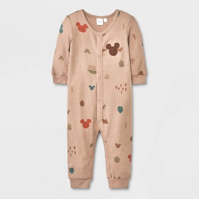 Image of Baby Boys' Disney Mickey Mouse Long Sleeve Romper - Light Brown 6-9M