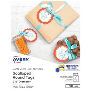 Avery Printable Blank Scallop Round Gift Tags with Sure Feed, 2.5" Diameter, Textured White, 90 Customizable Tags (80511) - 1 of 4