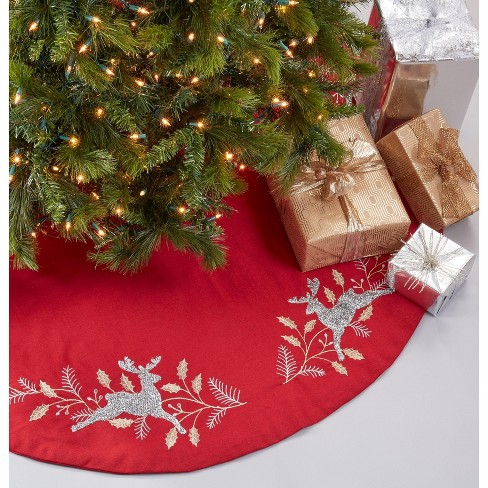 Saro Lifestyle Embroidered Tree Skirt With Reindeer Design, Red, 54 ...