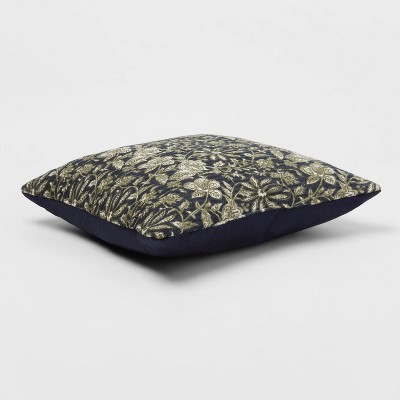Navy Green Cream Floral Cotton Square Throw Pillow