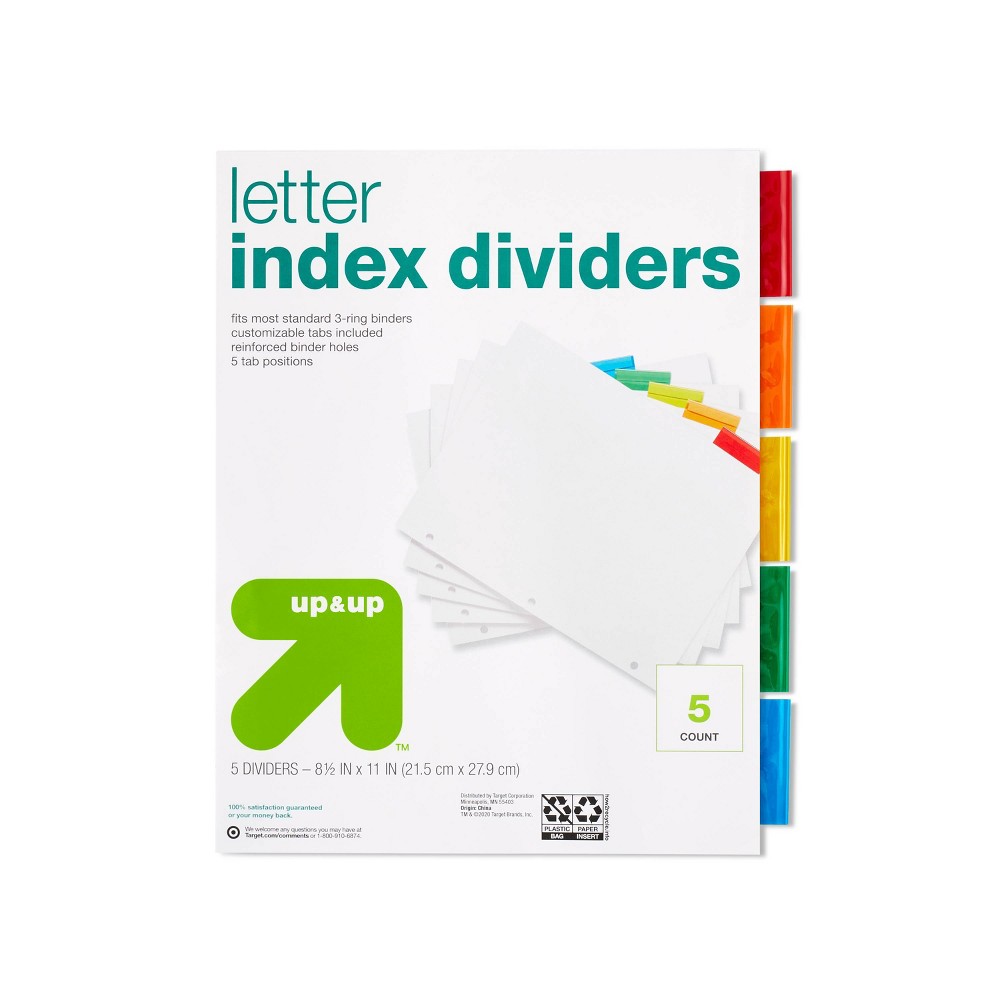 5ct Letter Index Dividers - up&up™: 3 Hole Punched Binder Accessories, White, 11" x 8.52"