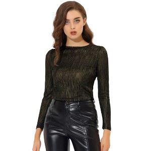 INSPIRE CHIC Women's Metallic Round Neck Long Sleeve Sparkly Disco Party Shiny Top - 1 of 4