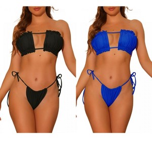 Elerevyo Women's Ruffle Pleated Bandeau Push Up High Cut Tie Side String Bikini Sets Swimsuits 2 Sets - 1 of 4