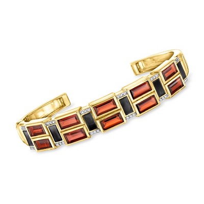 Ross-Simons 10.00 ct. t.w. Garnet and .10 ct. t.w. White Topaz Cuff Bracelet With Black Enamel in 18kt Gold Over Sterling Size 7