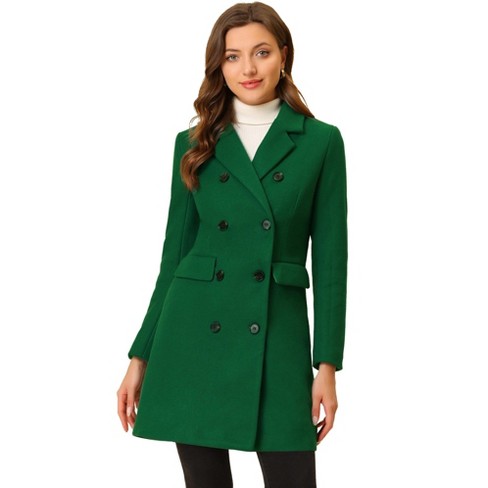 Allegra K Women's Elegant Notched Lapel Double Breasted Long Sleeve Winter  Overcoat Greens X-Small