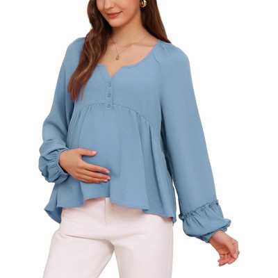 INSPIRE CHIC Women's Maternity Blouse High Low Tops Lantern Sleeve Henly Neck Button Long Sleeve Pleated Ruched Frill Pregnancy