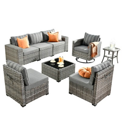 Gray 8-Piece Wicker Outdoor Sofa Set with Navy Cushions