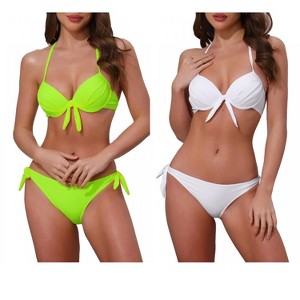 INSPIRE CHIC Women's Knot Twist Halter Double Straps Tie Back Bra Triangle Bottoms Swimwear Bikini Sets 2 Sets - 1 of 4
