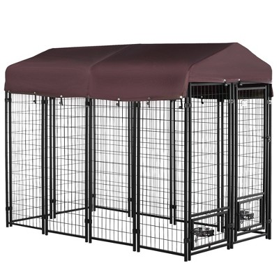 PawHut Outdoor Dog Kennel with Rotating Bowl Holders, Dog Playpen Fence with Waterproof Cover, 8' x 4' x 6', Red