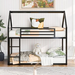 NicBex Twin Over Twin Bunk Bed with Built-in Ladder,Loft Bed with Fence for Bedroom,Black/White/Off-White/Gray - 1 of 4