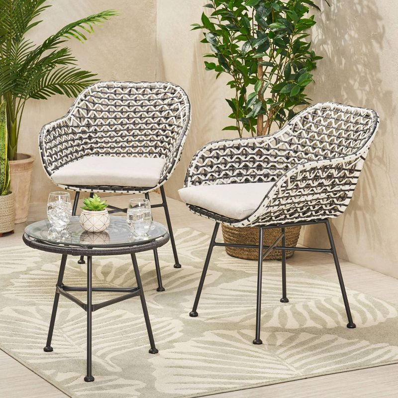 Beulah 3pc Patio Wicker Chat Set - White/Beige/Black - Christopher Knight Home, 3 of 7