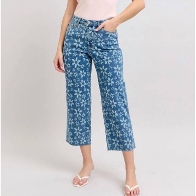 Women's High Rise Flower Print Crop Wide Jeans - Judy Blue