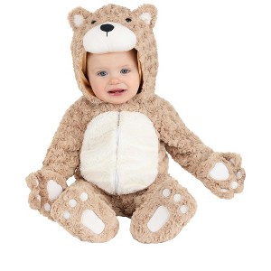 HalloweenCostumes.com Teddy Bear Costume for Babies, Plush Hooded Tan Bear Jumpsuit with Ears and Mitts Halloween Outfit - 1 of 3