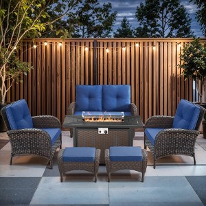 Buenhomino 7pcs Outdoor Patio Furniture Set with Fire Pit Table, Rattan Wicker Loveseat Glider Sets with Ottomans, High back Chairs and Coffee Table - 1 of 4