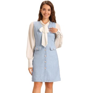 INSPIRE CHIC Women's V Neck Button Front Pockets Vintage Sleeveless Plaid Tweed Pinafore Dress - 1 of 4