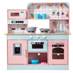 Angel Sar Kids Wooden Kitchen Playset with Lights & Sounds, 24-Piece Pretend Cooking Toy with Realistic Appliances for Toddlers Ages 3+ - 1 of 4