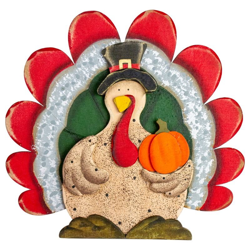 Northlight 9.75" Wooden Turkey with Pumpkin Thanksgiving Decoration, 1 of 5