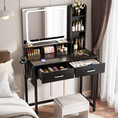 Aheaplus Makeup Vanity Desk with LED Light Mirror, Dressing Table with Charging Station and Drawers