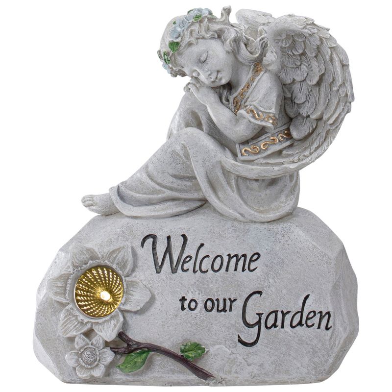 Northlight 9.25" Gray Solar Powered "Welcome to Our Garden" Angel Outdoor Garden Statue, 1 of 6