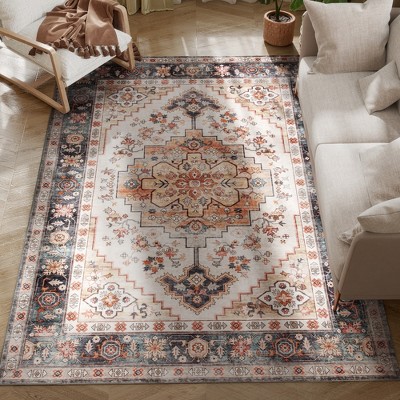 HOMCOM Area Rug 5x7, Non-Slip Machine Washable Rug, Boho Print Pattern Medallion Carpet for Living Room, Bedroom, Dining Room, Tawny Brown