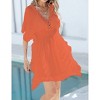 Womens Swimsuit Cover Up V Neck Short Sleeve Crochet Trim Bikini Cover Up Beach Shirt Dress - 2 of 3
