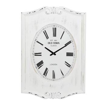 31"x22" Wood Floral Carved Distressed Wall Clock White - Olivia & May