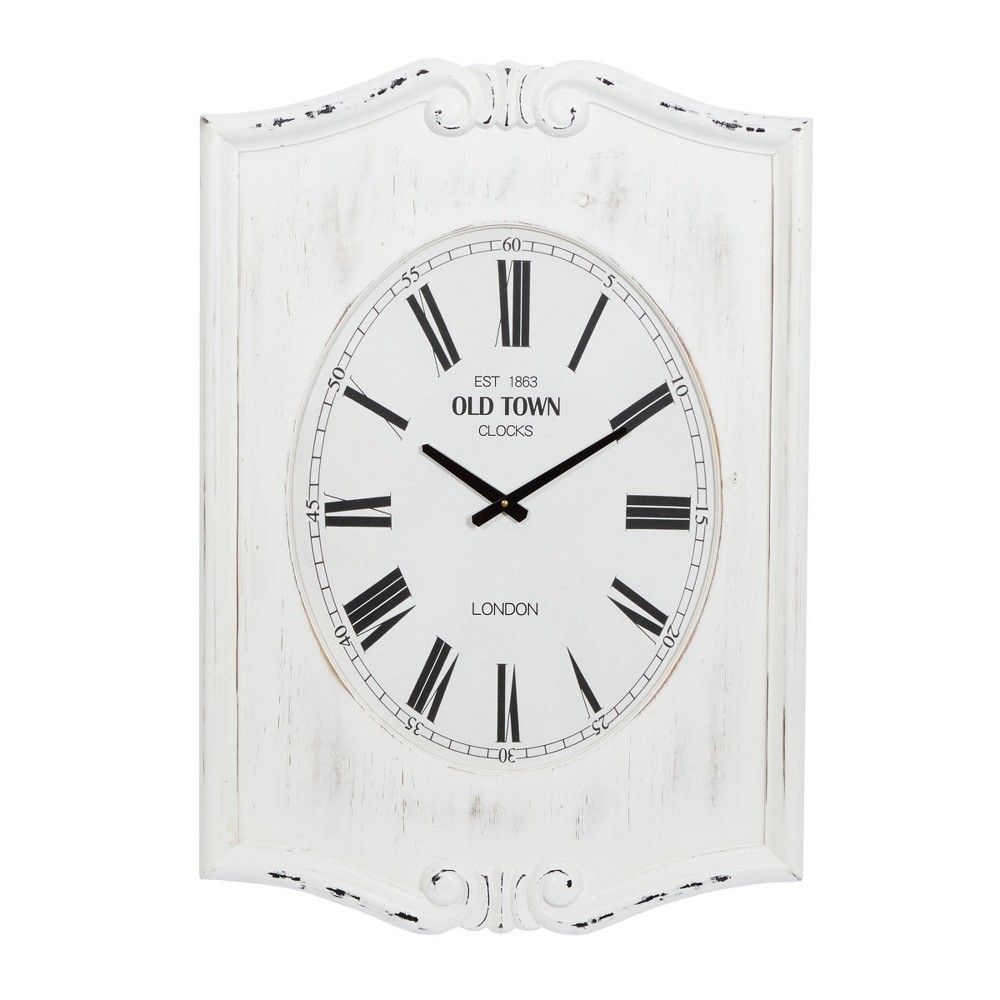 Photos - Wall Clock 31"x22" Wood Floral Carved Distressed  White - Olivia & May