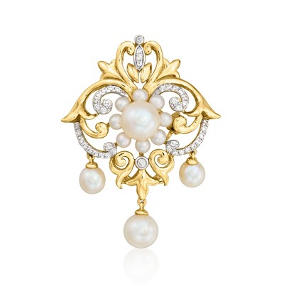 Ross-Simons 3-7.5mm Cultured Pearl and .20 ct. t.w. CZ Pin/Pendant in 18kt Gold Over Sterling Size 1.63
