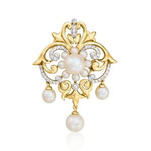Ross-Simons 3-7.5mm Cultured Pearl and .20 ct. t.w. CZ Pin/Pendant in 18kt Gold Over Sterling Size 1.63 - 1 of 2