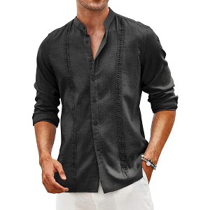 COOFANDY Men's Cuban Guayabera Shirts Casual Long Sleeve Button Down Shirts Band Collar Linen Summer Beach Shirts - 1 of 3