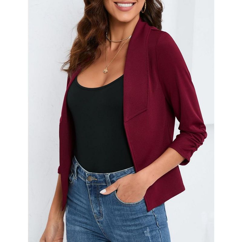 Whizmax Women's 3/4 Sleeve Blazer Casual Open Front Cardigan Shrugs Ruched Sleeve Office Cropped Blazer Jacket, 3 of 8
