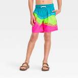 Boys' Wave Swim Shorts - Cat & Jack™ Pink/Neon Green/Turquoise Blue