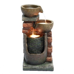 LuxenHome 23" H Bowls and Bricks Resin Outdoor Fountain with Lights Brown - 1 of 4