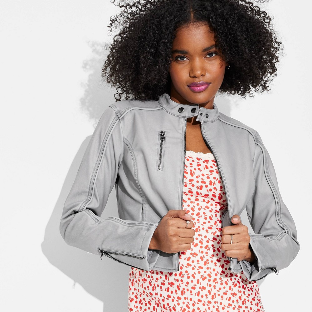Women's Faux Leather Fitted Moto Jacket - Wild Fable™ Gray XS: Slim Fit, Zippered Pockets, Below Waist Length