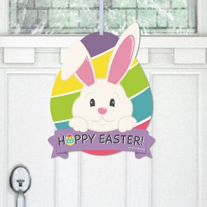 Big Dot of Happiness Hippity Hoppity - Hanging Porch Easter Bunny Party Outdoor Decorations - Front Door Decor - 1 Piece Sign - 1 of 4