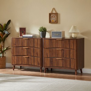 Dresser with 3 Drawers Fluted Walnut Set of 2 Bedroom Living Room Mid Century Modern Vertical Grooved Design Metal Handles : Target