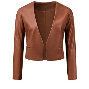 INSPIRE CHIC Women's Collarless Open Front Faux Pocket Faux Leather Crop Moto Jackets - 1 of 4