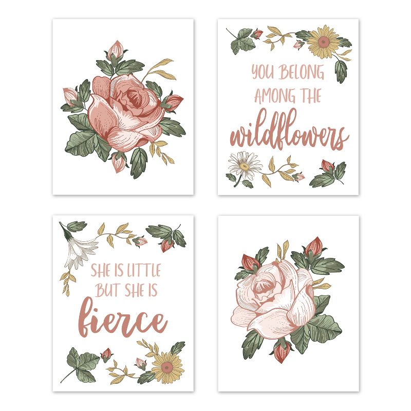 Sweet Jojo Designs Girl Unframed Wall Art Prints for Décor Vintage Floral Collection Pink and Green 4pc, 1 of 8